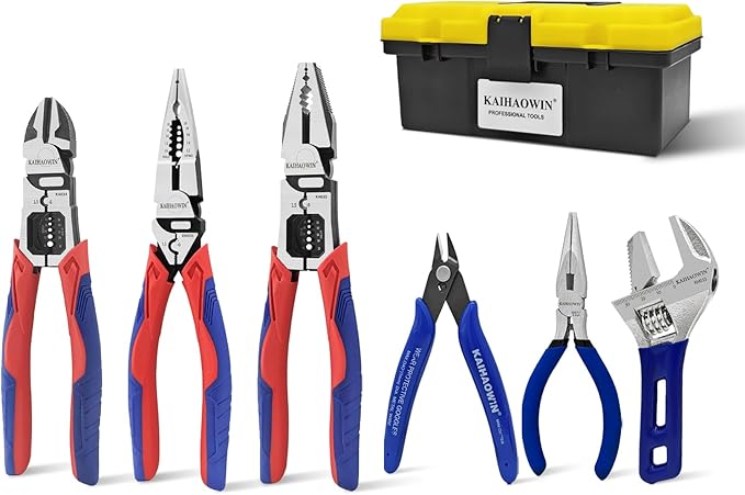 KAIHAOWIN 6-Piece Tool Set with Case, 8.8??Long Nose, 8.8??Linesman, 8??Diagonal, 6??Adjustable Wrench, 5??Needle Nose, 5" Flush Cutter for Repairing & Home Use