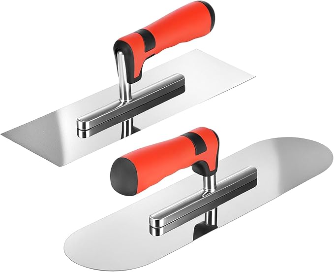 QWORK Concrete Tools Set, Stainless Steel Flat Finishing Trowel (11" x 4") & Pool Trowel (14" x 4") for Concrete, Cement, Drywall Projects