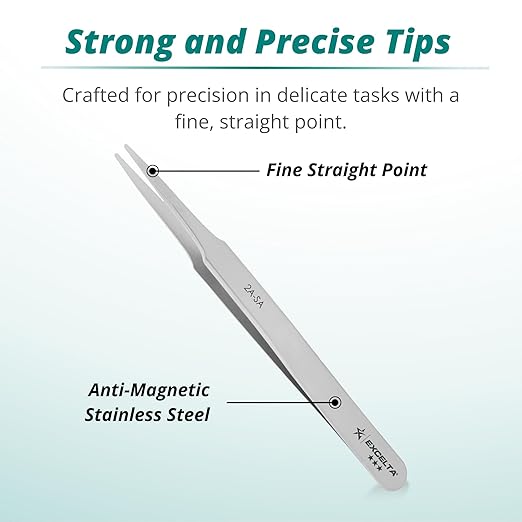 Excelta Ultra-Precision Tweezers, Straight Tapered Flat Point, Anti-Magnetic Stainless Steel, 4.75" Length, 0.059” Wide, Professional