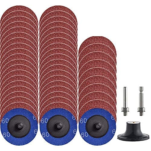 NYXCL Miroku 50Pcs P60 2 inch Quick Change Discs Set, A/O Sanding Discs with 1/4" Holder, for Die Grinder Surface Prep Strip Grind Polish Finish Burr Rust Paint Removal