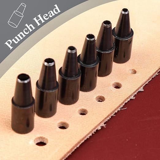 Adjustable Leather Hole Punching Tool Automatic Puncher with Wooden Handle Hollow Hole Punch with 6 Tips Size (1.5mm/2mm/2.5mm/3mm/3.5mm/4mm) for Leather Belt, Bag, Wristband