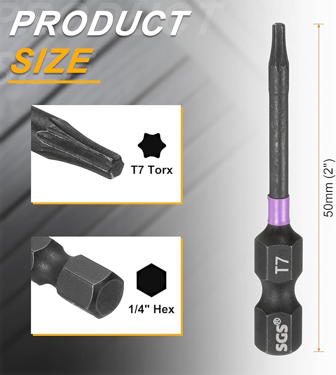 HARFINGTON 5pcs T7 Torx Head Impact Screwdriver Bits 1/4" Hex Shank 2" (50mm) Long Magnetic No Hole Tamper Proof 6 Point Star Screw Driver Drill Bits Phosphate S2 Steel Power Tools
