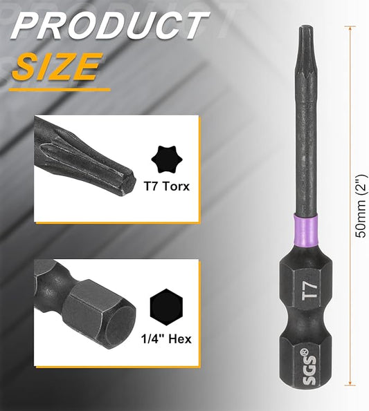 HARFINGTON 5pcs T7 Torx Head Impact Screwdriver Bits 1/4" Hex Shank 2" (50mm) Long Magnetic No Hole Tamper Proof 6 Point Star Screw Driver Drill Bits Phosphate S2 Steel Power Tools