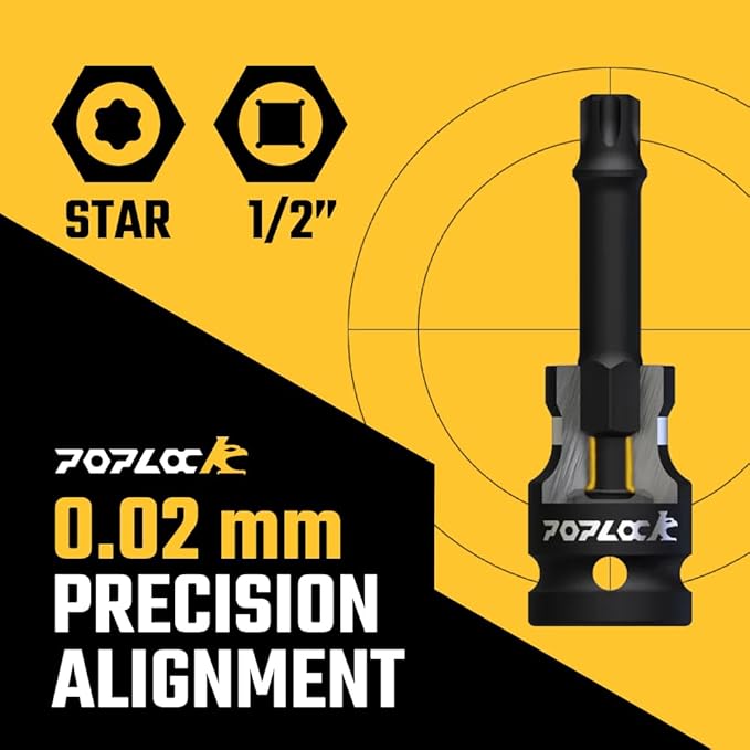 Poplock Impact Driver Set | 7-Piece 쩍 inch Drive Star Bit Set (T30?밫70) | 75mm Long Impact Driver Bit Set with 6-Lobed Allen Tips for Torx Fasteners T30 T40 T45 T50 T55 T60 T70
