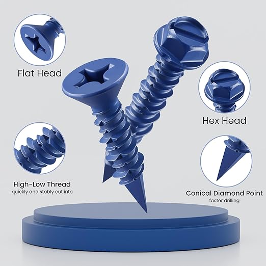 100Pcs 3/16 x 2-1/4 Inch Concrete Screws Anchor with Drill Bit, Blue Hex Head Masonry Brick Stucco Cement Block Screws, Diamond Point