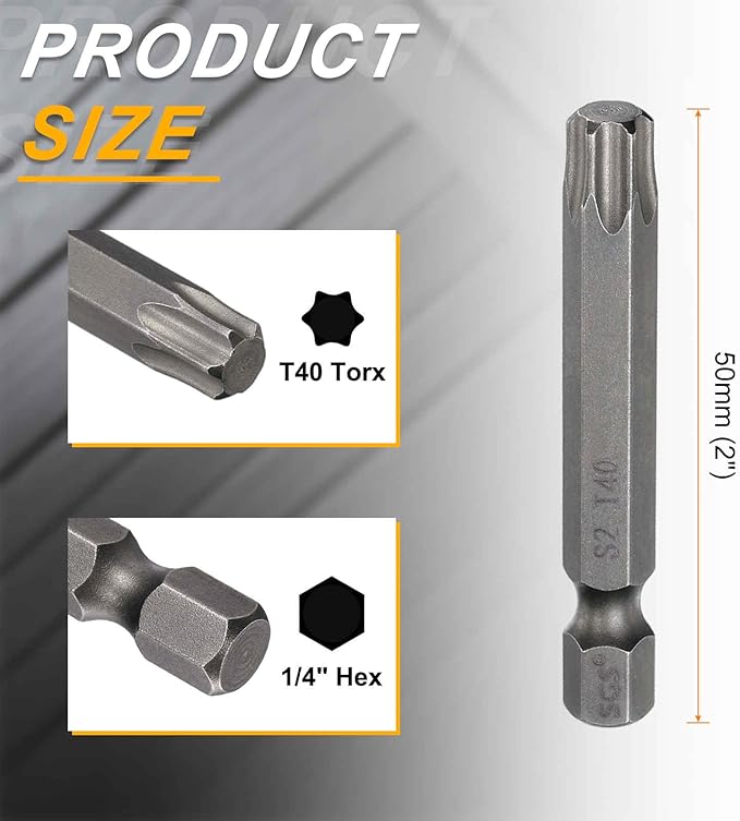 HARFINGTON 2pcs T40 Torx Head Screwdriver Bit 1/4" Hex Shank 2" (50mm) Long Magnetic No Hole Tip Tamper Proof 6 Point Star Screw Driver Drill Bits S2 Steel Industrial Power Screwdrivers