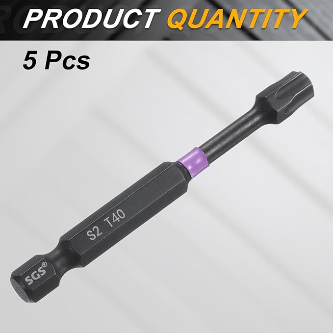 HARFINGTON 5pcs T40 Torx Head Impact Screwdriver Bits 1/4" Hex Shank 2.8" (70mm) Long Magnetic No Hole Tamper Proof 6 Point Star Screw Driver Drill Bits Phosphate S2 Steel Power Tools