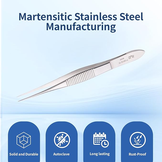 RWD Dressing Forceps 3.9", Martensitic Stainless Steel Medical Tweezers, 0.4 * 0.2mm Width Serrated Straight Tip, Micro Forceps Tweezer, Surgical Tweezer for High-Precision Handling (F12012-10)