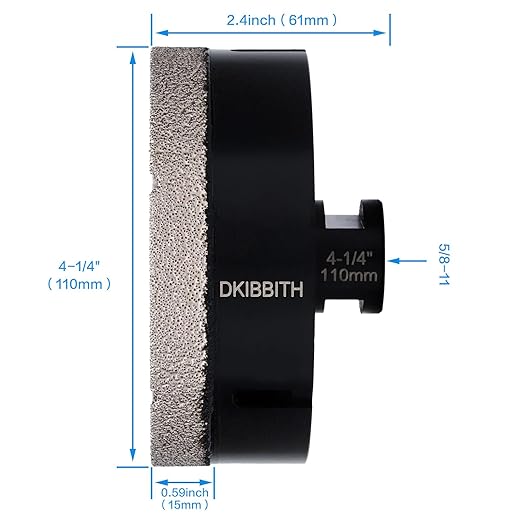 DKIBBITH 4-1/4 in Dry Diamond Core Drill Bit, Tile Hole Saw for Ceramic Porcelain Granite Quartz Marble Tiles Stone Brick Glass Block with 5/8-11 Thread Fit Angle Grinders, 110mm Black