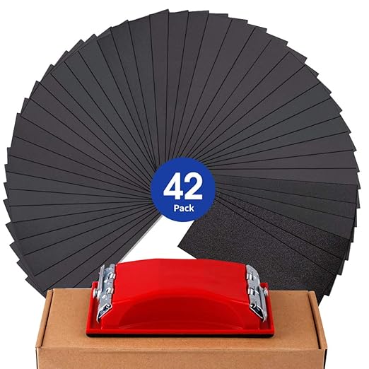 Sandpaper Sheets, 42 Pcs Sand Paper Assortment Pack, 120 to 3000 Grit Wet Dry Fine Sandpaper Assortment, Variety Abrasive Sanding Paper with Handle for Metal Wood Furniture Automotive Car Polishing