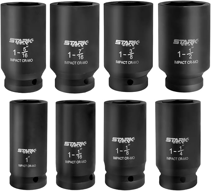 Stark USA 9 Pieces 3/4" Drive Deep Impact Jumbo Assortment Socket Set Cr-V Socket Set SAE 6-Point Flank Sockets (1" inch to 1-1/2" inch)