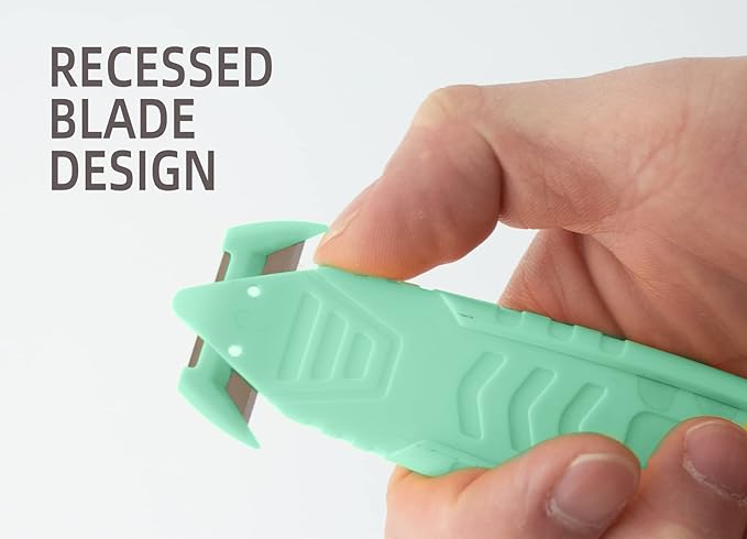 Safety Box Cutter, T TOVIA Sharp Durable Stainless Steel Concealed Blade Package Opener with Tape Splitter for Cartons, Cardboard, Wrap, Straps, Film (5 Pcs - Green)