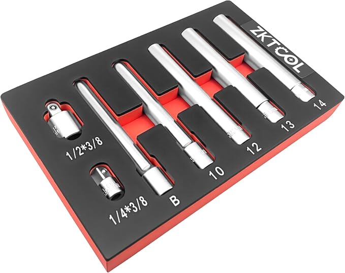 ZKTOOL 7PC 3/8-Inch Drive Deep Metric Socket Set, 8-14MM Extra Long Deep 120MM with 1/2'' and 3/8'' adapter