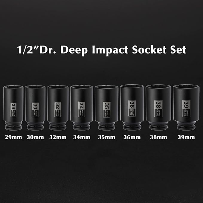 EMENTOL 8PCS 1/2" Drive Deep Spindle Axle Nut Impact Socket Set, CR-MO, 12 Point, Metric, Deep Socket Impact Socket Set-29,30 32, 34, 35, 36, 38, 39mm