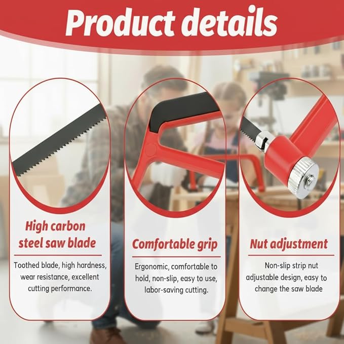 6 Inch Mini Hacksaw and Mitre Block Set, Adjustable Miter Box and Saw Set with 2 Spare Blades, Aluminum Cutting Saw Hack Saws for Woodworking, Hacksaw, Metal Cutting (Red)