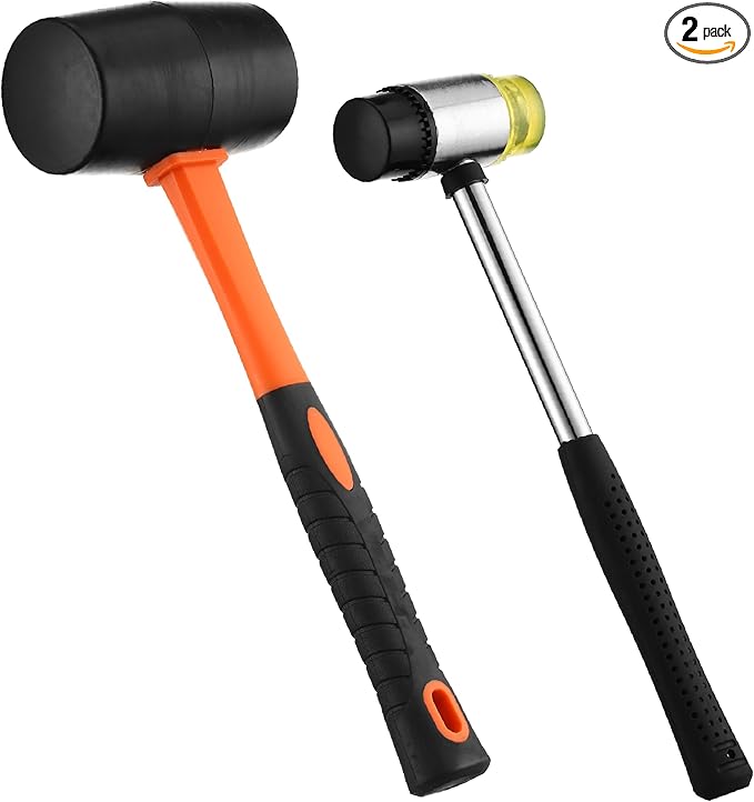 16oz Rubber Mallet Hammer Set with 35mm Double Faced Soft Rubber Mallet with Fiberglass Handle, TPR Grip, Solid Head, 2 Piece Black Set for Camping, Flooring, Woodworking & Tent Stakes