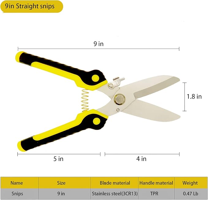 Aviation Tin Snips 9 Inch Heavy Duty Metal Cutter, Straight Shears with Stainless Steel Blade & Comfort Grips, Multifunction Cutting of Branches, Cable Wires, Thin Iron