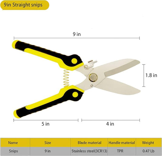 Aviation Tin Snips 9 Inch Heavy Duty Metal Cutter, Straight Shears with Stainless Steel Blade & Comfort Grips, Multifunction Cutting of Branches, Cable Wires, Thin Iron