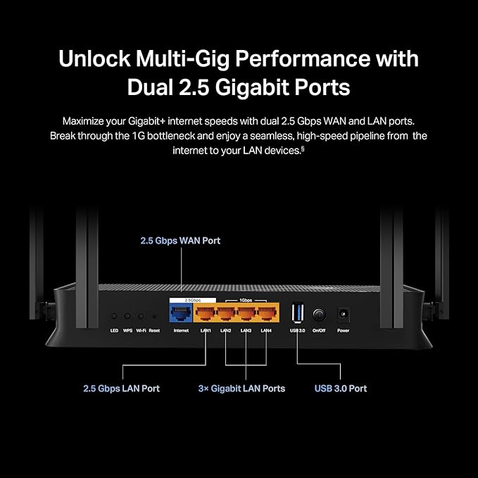 TP-Link Dual-Band BE3600 Wi-Fi 7 Router Archer BE230 | 4-Stream | 2횞2.5G + 3횞1G Ports, USB 3.0, 2.0 GHz Quad Core, 4 Antennas | VPN, EasyMesh, HomeShield, MLO, Private IOT | Free Expert Support