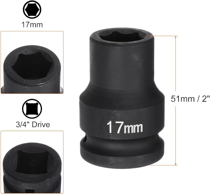 HARFINGTON 6-Point Impact Socket 3/4" Drive 17mm Metric 40Cr Alloy Steel Spindle Axle Nut Impact Socket