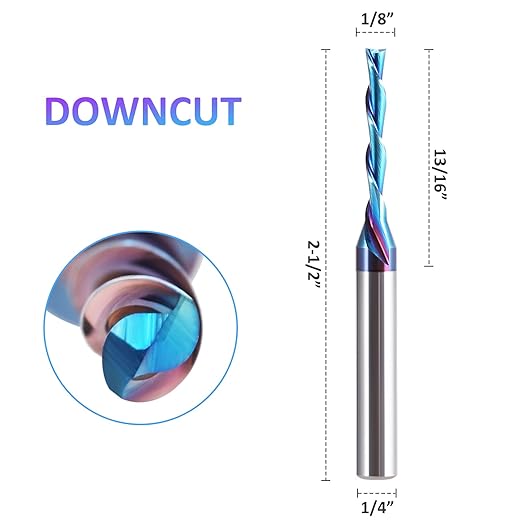 HQMaster Spiral Router Bit Downcut 1/4 Inch Shank Solid Carbide CNC Router Bit with Nano Blue Coating CNC Bits End Mill for Woodwork Mortise Slot Trim