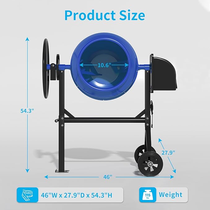 6.0 Cu.Ft. Concrete Mixer, Heavy Duty Portable Concrete Mixer with Wheel & Stand, Electric Cement Mixer Machine with 160L Drum, 120V Motor for Concrete, Mortar,Seeds, and Feed,Blue.