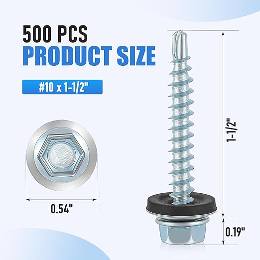 LEIFIDE 500 Pcs Metal Roofing Screws 10 x 1-1/2" Galvanized Hex Head Self Starting Metal to Wood Siding Screw (Sliver)