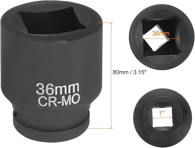 HARFINGTON 4 Point Square Socket 1" Drive 36mm Metric Square Impact Socket CR-MO Blackening Standard Wheel Sleeve Pneumatic Sleeve Tool for Auto Repair Mechanical Maintenance Home Use