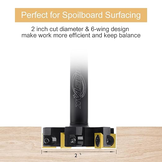 CNC Spoilboard Surfacing Router Bit, 1/2" Shank 2" Cutting Diameter, 6 Wings Carbide Insert Slab Flattening Router Bits Wood Planing Planer Bit