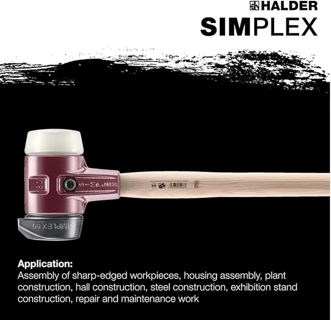 Halder Simplex SledgeHammer 3028.281 - Medium-Hard Rubber Insert, Nylon Insert, Cast Iron Housing with Handle Protection Sleeve, Varnished Wooden Handle, 80mm, 7.6 lbs.