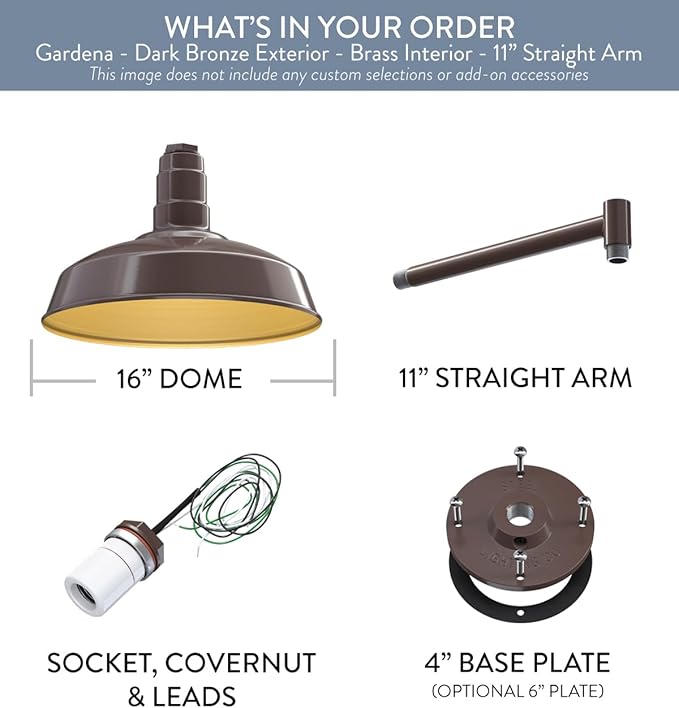 Steel Lighting Co. | Dusk to Dawn | Gardena Barn Light | Outdoor Wall Mounted | 16" Dome | 11" Straight Arm | Farmhouse Light Made in America | Dark Bronze/Brass