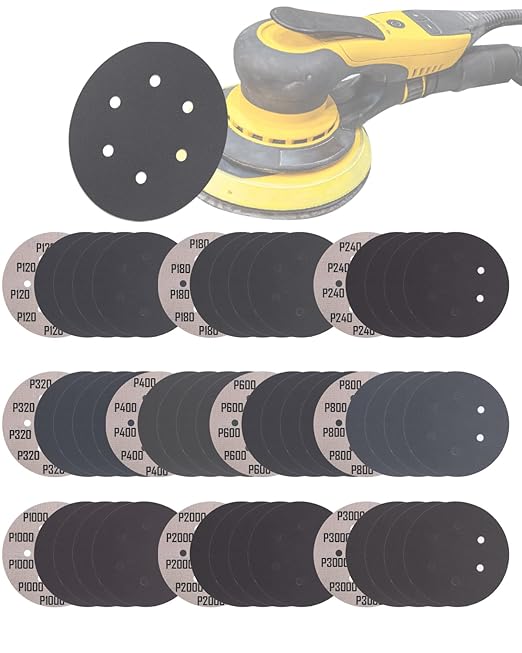 50PCS 6 Inch Wet Dry Sanding Paper Discs Hook and Loop, 6 Hole 120 to 1000 2000 3000 Grit Sandpaper for DA Random Orbital Sander, Silicon Carbide Fine Sandpaper Assortment for Car Wood Metal Polishing