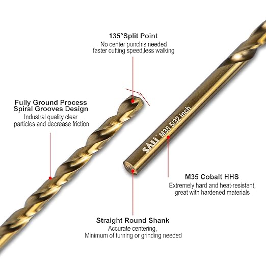 SALI Cobalt Drill Bit Set, 10Pcs 5/32" M35 High Speed Steel Jobber Length Drill Bit Kit for Hardened Metal, Stainless Steel, Cast Iron, Wood and Plastic, with Index Storage Case