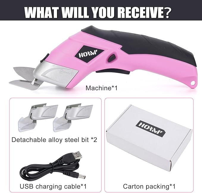 Cordless Electric Scissors,3.7V Fabric Cutter,Equipped with 2 Blades and 1 Charging line,Electric Cardboard Cutter for Fabrics,Cardboard,Carpets (Pink)