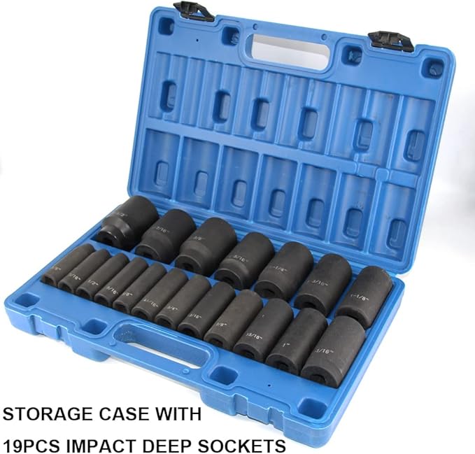 MacWork 19 Piece 1/2-Inch Drive Impact Socket Set, Deep, SAE, 3/8" to 1-1/2", CR-V&Cr-Mo Alloy Steel, 6-point Hex Radius Corner Design
