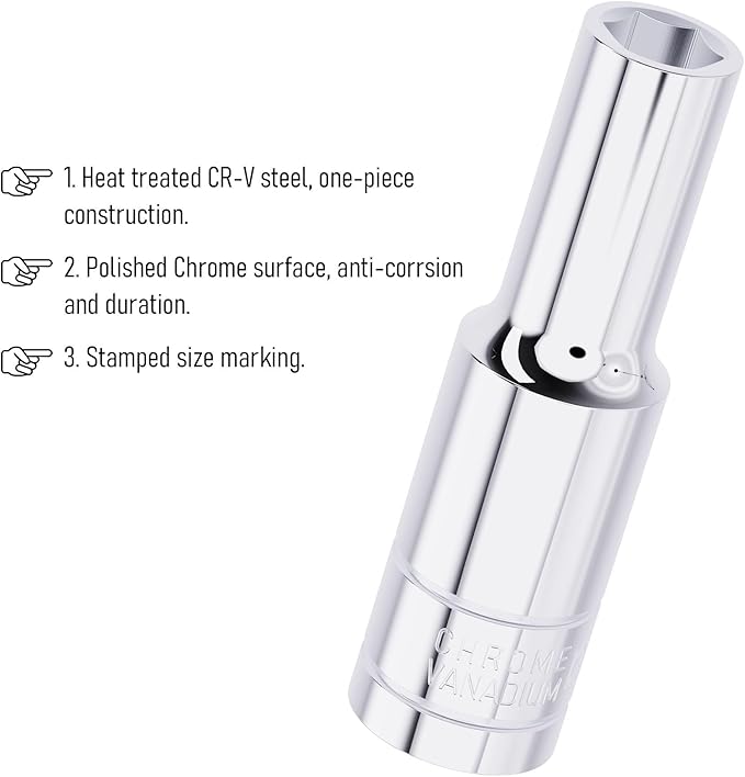 8mm Deep Socket, 1/2 Inch Drive, 6-Point, Metric, Heat Treated CR-V Steel Sockets, Full Polishing, 3.1 Inch Length