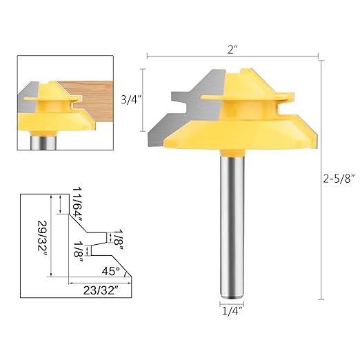 45 Degree Lock Miter Router Bit - BAIDETS 1/4 Inch Shank, 3/4 Inch Stock, 2 Inch Diameter, Carbide Wood Router Bits Woodworking Cutter Tool