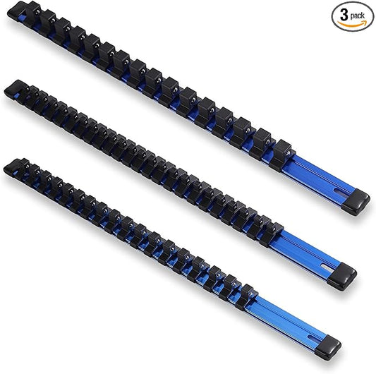 ALOANES 3-Piece Aluminum Alloy Socket Organizer, Heavy Duty Socket Racks, Socket Holder Kit for Toolbox Drawer Fit 1/2, 3/8, 1/4-Inch Socket Holder x 58 Clips (Blue)