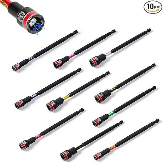 Impact Nut Driver Set, 10 Pieces 6?쒵ong 6mm,8mm,10mm,11mm,13mm 1/4??/16??/8??/16??/2?? Point Alloy Steel Magnetic Metric/SAE Nut Setter Set 1/4 Hex Shank Impact Driver with Case Box