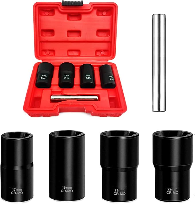 Greywolf 5 pcs Wheel Nut Removal Tool Set, 1/2 Inch Impact Torque Socket Set and Bolt Extractor Set, Wheel Lock Removal Kit, Torque Socket Set for Damaged, Frozen, Rusted Round Bolts, Metric 17-22mm
