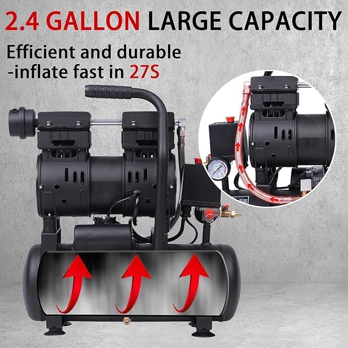 MZB 2.4 Gallon Ultra Quiet Air Compressor 1.0HP 110V/60Hz 5.65CFM, MAX 115PSI Steel Tanks Oil-Free 68dB Noise Level Air Compressor for Spray Painting, Auto Repair, Carpentry Decoration