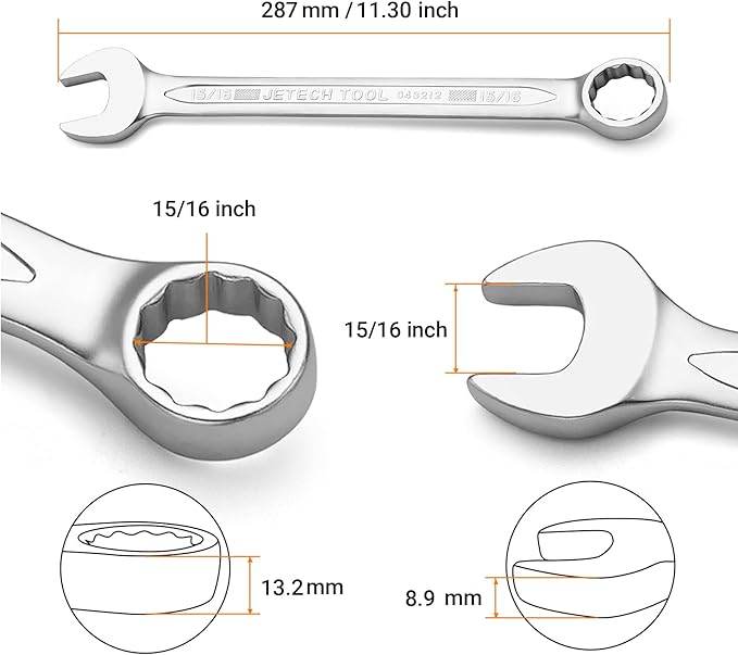 Jetech 15/16 Inch Combination Wrench - Industrial Grade Spanner with 12-Point Design, 15-Degree Offset, Made with Durable Chrome Vanadium Steel, SAE