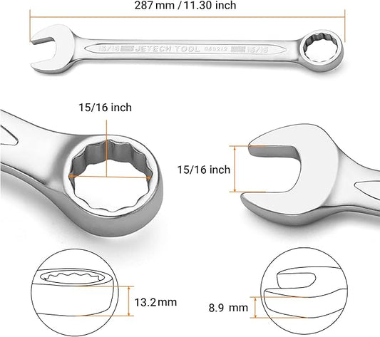 Jetech 15/16 Inch Combination Wrench - Industrial Grade Spanner with 12-Point Design, 15-Degree Offset, Made with Durable Chrome Vanadium Steel, SAE