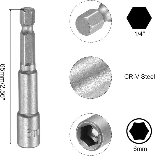 uxcell 6mm Magnetic Hex Socket 65mm/2.56", 1/4" Hex Shank Magnetic Power Nut Driver Set CR-V Quick-Release Extensions for Impact Drill Nut Setters Socket Wrench Screw, 2 Pcs