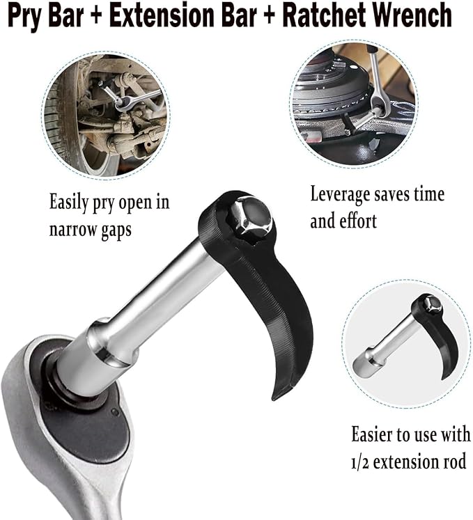 3PCS Pry Bar Wrench Adapter Head,Half Shaft Removal Car Repairing Tools with Extension Bar and Ratchet Wrench,Adjustable Crowbar Adapter Head Tool 1/2" Drive