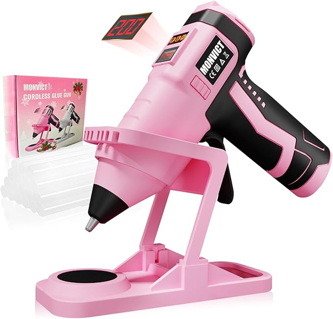 MONVICT 7.4V Cordless Hot Glue Gun with Holder Base, Digital Display Adjustable Temp, Smart Auto-Off, Silicone Pad, 2.6A Rechargeable Battery, Full Size Handheld Electric Power with 10 Glue Sticks