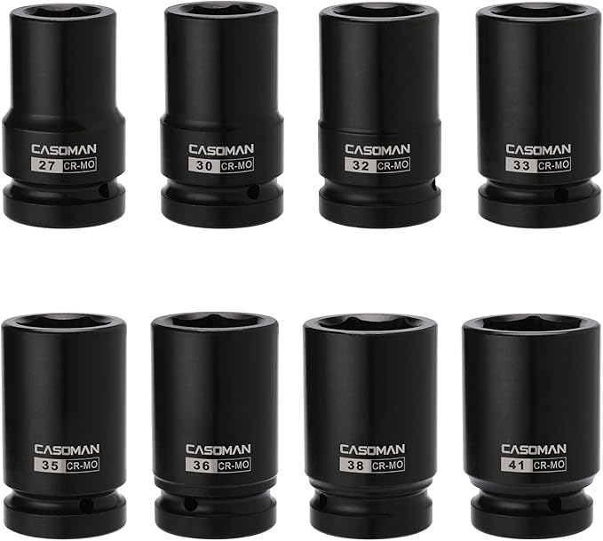CASOMAN 8 Pieces 1-Inch Drive Deep Impact Socket Set, CR-MO, Metric, 6-Point, Heavy Duty Wheel Impact Socket Set