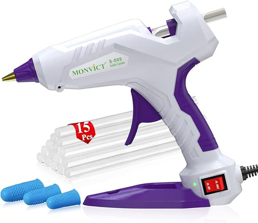 Full Size Hot Glue Gun, MONVICT Dual Temp Glue Gun 60/100W Base Stand Heavy Duty Melt Glue Gun Kit with 15 Pcs Glue Sticks & 3 Finger Protectors for Sealing Wax, Quick Repairs, DIY, Art & Crafts