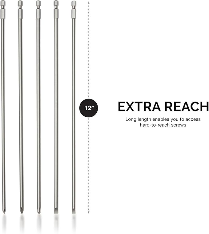 NEIKO 10043A Extra Long Bit Set | 5-Piece | Cr-V Steel | 12-Inch Length Phillips and Slotted Screwdriver Bits |1/4-Inch Hex Shank | Power Driver Bit Set