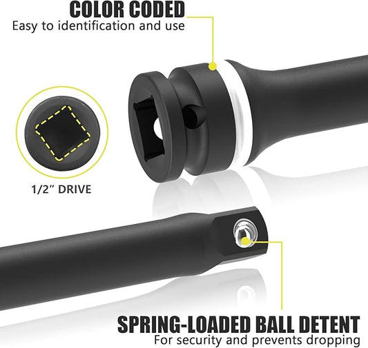 1/2" Drive 140 Ft-Lbs Torque Limiting Extension Bar, 8 Inch Color-Coded Lug Nut Torque Sticks